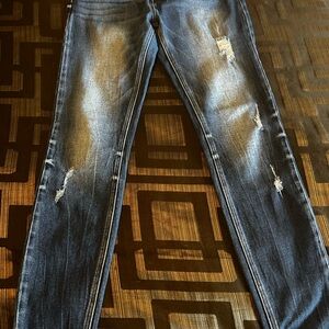 KanCan Blue Ankle Cropped Jeans with Distressed Details